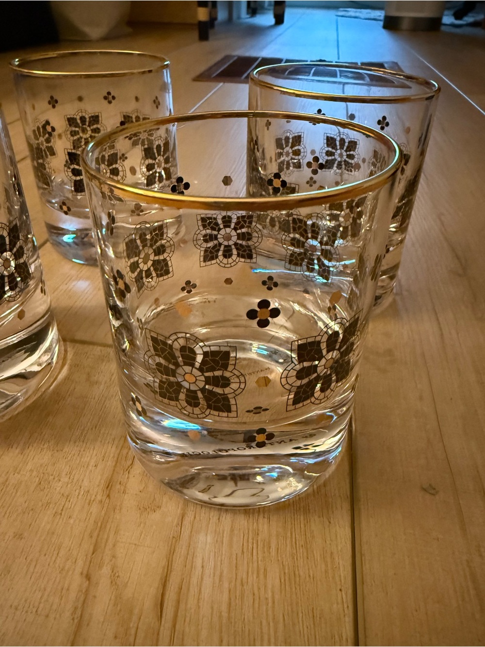 Anthropologie Bistro Tile Whiskey Rocks Glasses Set of 4 Black & Gold